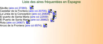 Liste des aires fréquentées en Espagne  Séville (aire cci 27265).  Castellar de la Frontera (aire cci 20705).  La Linéa de la Conception (aire cci 24808). El puerto de Santa Maria (aire cci 22559)  El Puerto de Santa Maria (aire cci 26862) Rota (aire cci 24907) Arcos de la Frontera (aire cci 6574).
