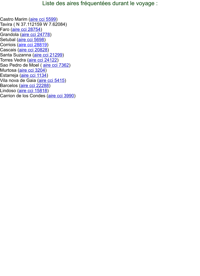 Liste des aires fréquentées durant le voyage :   Castro Marim (aire cci 5599) Tavira ( N 37.112159 W 7.62084) Faro (aire cci 28754) Grandola (aire cci 24778) Setubal (aire cci 5698) Corriois (aire cci 28819) Cascais (aire cci 20828) Santa Suzanna (aire cci 21299) Torres Vedra (aire cci 24122) Sao Pedro de Moel ( aire cci 7362) Murtosa (aire cci 3204) Estarreja (aire cci 1134) Vila nova de Gaia (aire cci 5415) Barcelos (aire cci 22288) Lindoso (aire cci 15818) Carrion de los Condes (aire cci 3990)